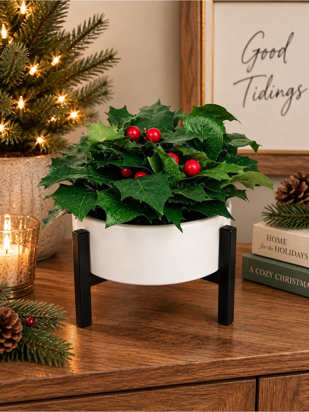 Threshold Faux Holly Berry Christmas Planter White Black Stand Decor